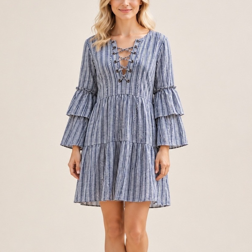 BCBGMAXAZRIA Charlyze Mini Dress Blue White Striped Bell Sleeve Festival L